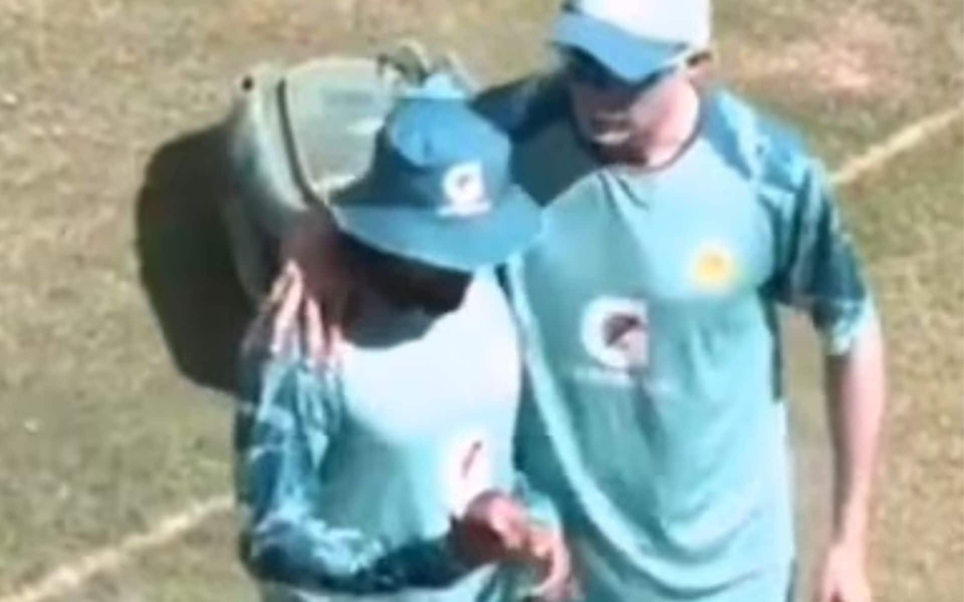 Jason Gillespie, Shan Masood comforts Babar Azam [Source: @HassanAbbasian/X.com]